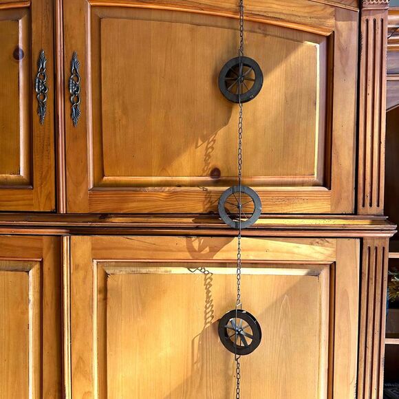 78-Inch Metal Rain Chain - 6 Water Wheels & Weighted Bell, Rustic Brown Finish - Picture 6 of 12